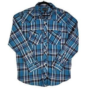 Casual Country Pearl Snap Shirt Men's XXL Blue Plaid Western Cowboy Rockabilly